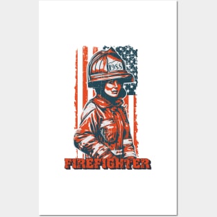 Firefighter woman US flag Posters and Art